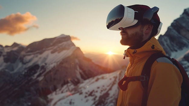 Foto homem barbudo usando fone de ouvido de realidade virtual e mochila de pé no topo da montanha e desfrutando do pôr do sol