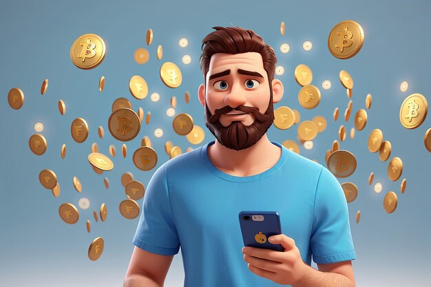 Homem barbudo usando smartphone com Bitcoins voadores em 3D