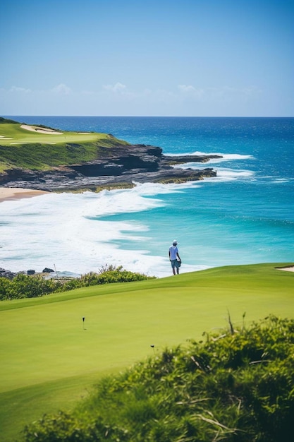 homem batendo bola de golfe pela colina em direção ao oceano e horizonte