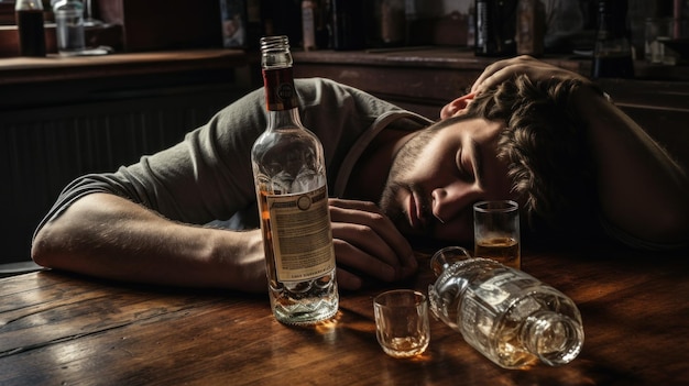 homem bêbado alcoólatra fica bêbado e dorme com garrafas de álcool o alcoolismo causa demência