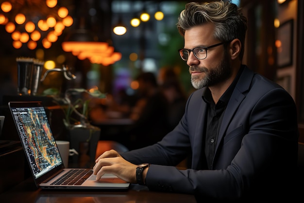 homem bem sucedido de terno sentado com o analista financeiro do laptop trader