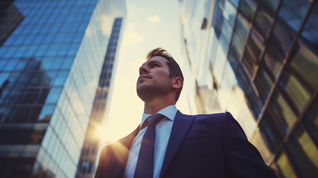 Homem bem vestido de terno e gravata de pé com confiança em frente a uma fileira de edifícios altos em um ambiente de cidade movimentada