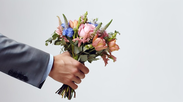 Homem bem vestido feliz segurando flores no fundo branco