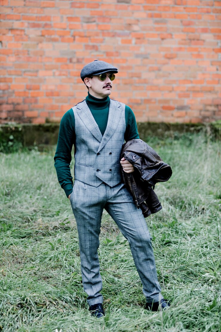 Foto homem bem vestido, vestindo um terno retrô cinza