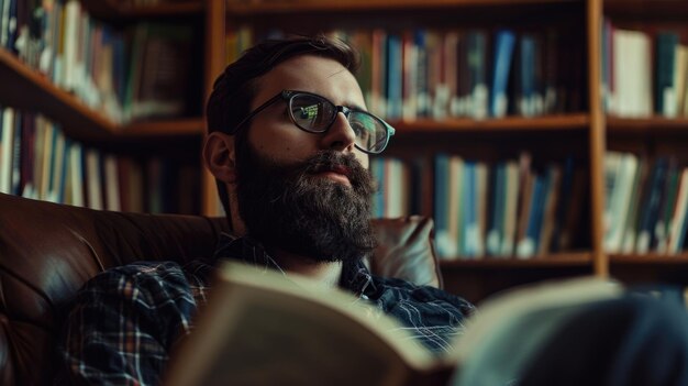 Foto homem bonito a ler um livro na biblioteca da universidade.