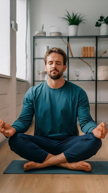 Homem bonito a meditar no chão.