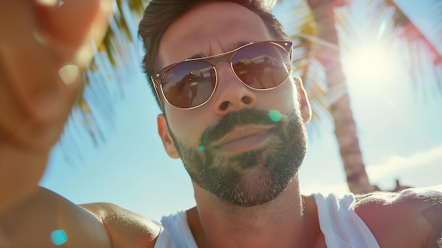 Homem bonito a tirar uma selfie nas férias. IA generativa.