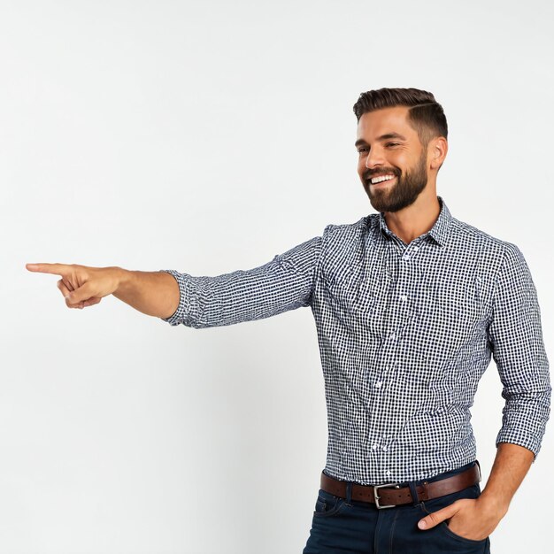 Foto homem bonito apontando para o lateral