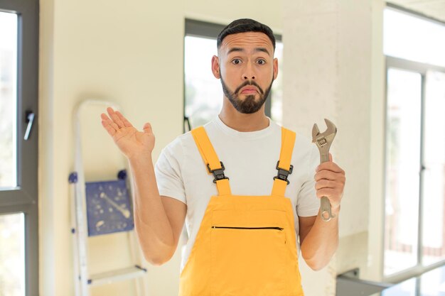 Foto homem bonito árabe homem árabe encolhendo os ombros, sentindo-se confuso e incerto faz-tudo com uma chave inglesa