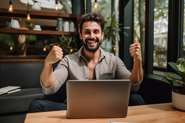 Foto homem bonito atrás do laptop em casa, feliz e surpreso, conceito de sucesso financeiro ou empresarial