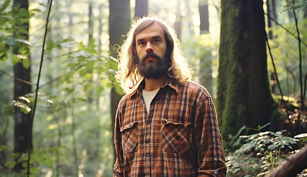 Homem bonito, barbudo, de cabelo longo, com uma camisa a quadros na floresta.