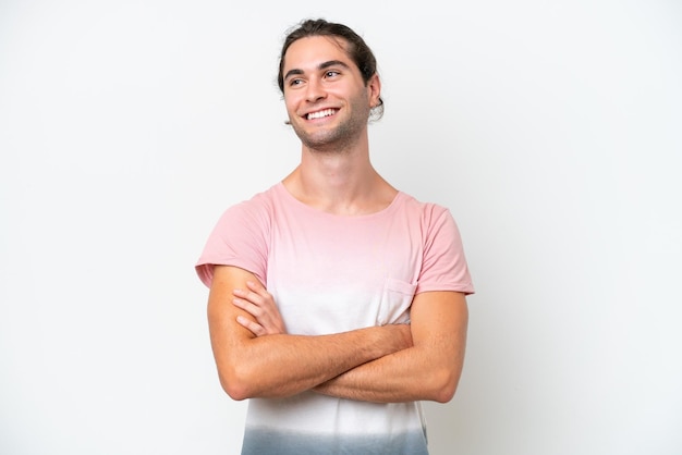 Foto homem bonito caucasiano isolado no fundo branco feliz e sorridente