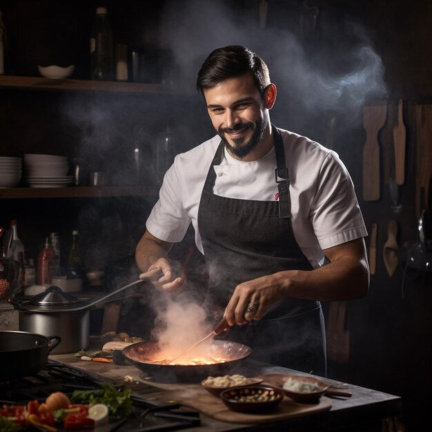 homem bonito chef preparando guisado delicioso vestindo