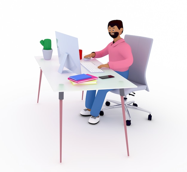 Homem bonito com barba está sentado na mesa com o computador. Freelancer, trabalhador de escritório, gerente, está em processo de trabalho.