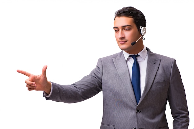 Homem bonito com fone de ouvido isolado no branco