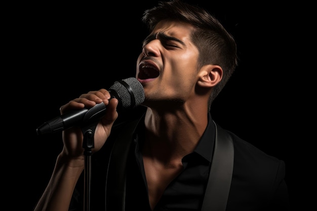 Foto homem bonito com microfone cantando músico retrato de artista fato gravata pessoas artista gerar ai