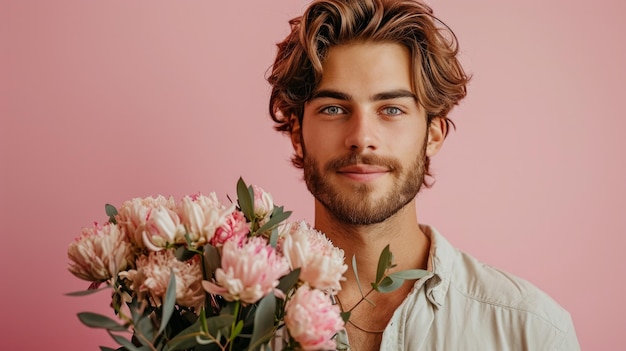 homem bonito com um buquê de flores em fundo minimalista com espaço de cópia