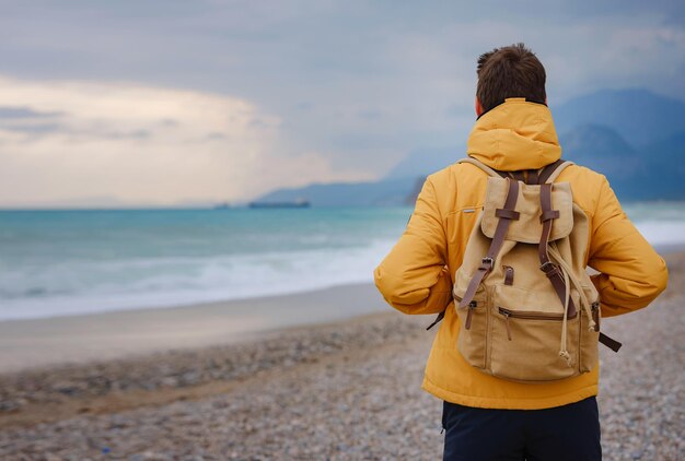 Foto homem bonito de casaco amarelo caminhando pela praia de antalya, turquia modelo masculino de boa aparência olhando pensativo para o oceano mar conteúdo de narrativa de fantasia