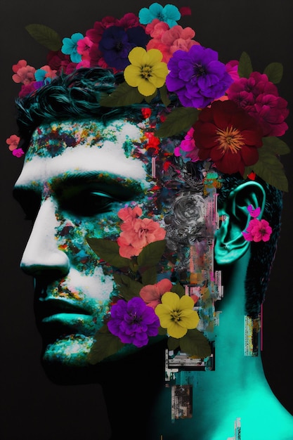 Foto homem bonito de retrato de colagem com decorações de flores em estilo digital de tecnologia ai