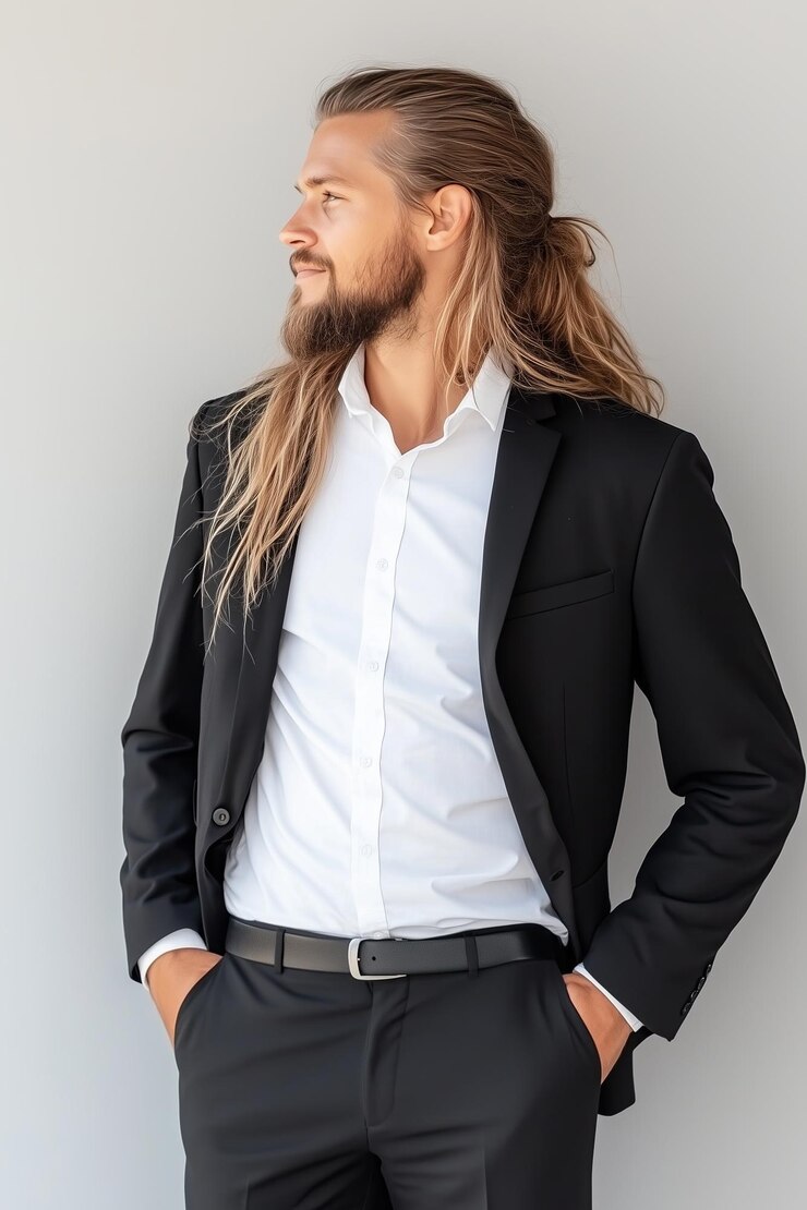 Foto homem bonito de terno à medida com cabelo longo posando com confiança em um estúdio contemporâneo