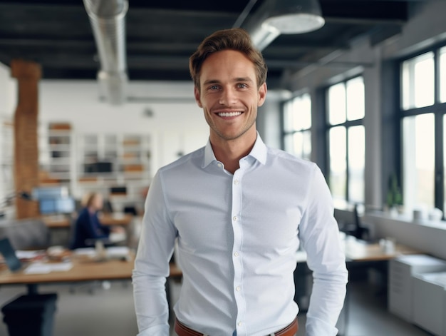 Homem bonito e bem-sucedido confiante, sorrindo e parecendo determinado