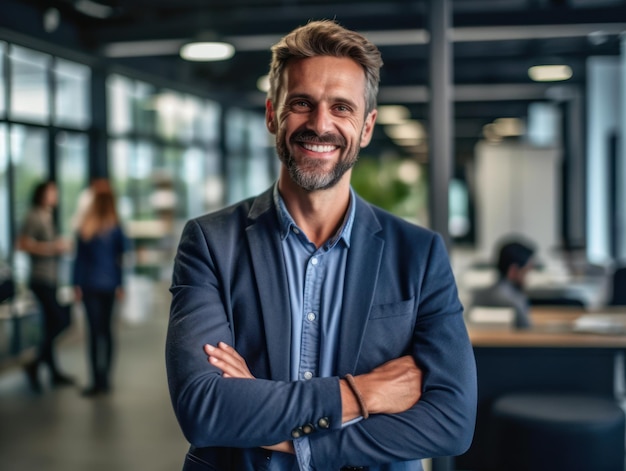 Homem bonito e bem-sucedido confiante, sorrindo e parecendo determinado