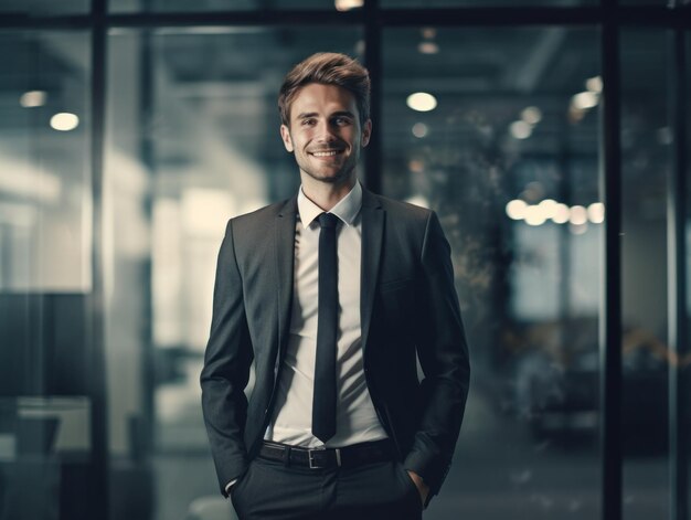 Homem bonito e bem-sucedido confiante, sorrindo e parecendo determinado