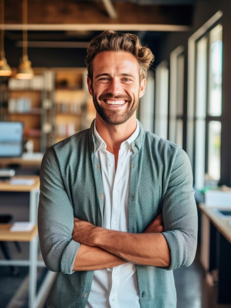 Homem bonito e bem-sucedido confiante, sorrindo e parecendo determinado