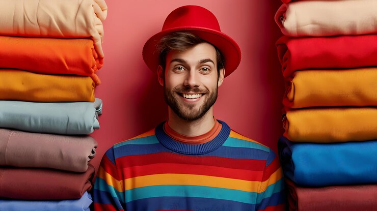 Foto homem bonito e elegante com um chapéu vermelho e uma camisola listrada com fundo cinza isolado