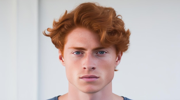 Homem bonito, elegante, sexy e sério com pele perfeita e cabelo vermelho em um fundo branco.