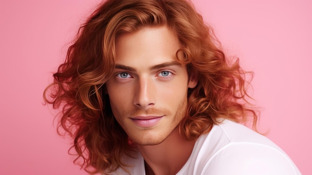 Homem bonito, elegante, sexy, sorridente, com pele perfeita e longos cabelos vermelhos em um banner de fundo rosa.