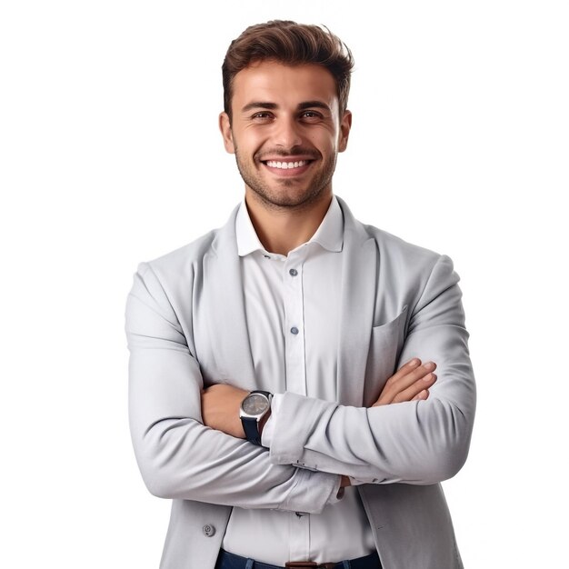 Foto homem bonito em terno elegante em fundo branco