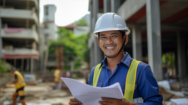 Homem bonito engenheiro asiático ou arquiteto ansioso com capacete de segurança branco em construção