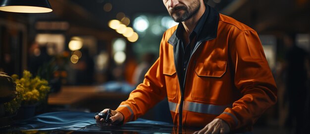 Homem bonito está trabalhando com seu carro gerador elétrico ai