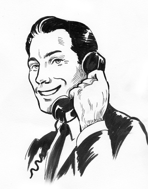 Homem bonito falando por telefone retrô. Desenho de tinta preto e branco