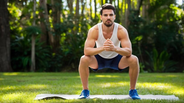 Homem bonito fazendo exercícios e diferentes exercícios ao ar livre