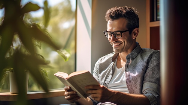 Homem bonito lendo um livro em casaCriado com a tecnologia Generative AI