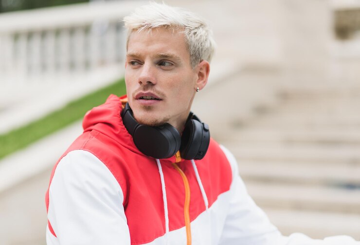 Foto homem bonito loiro atraente com fones de ouvido no pescoço relaxando no parque da cidade olhando para um lado estilo de moda de rua pessoas estilo de vida e conceito de tecnologia