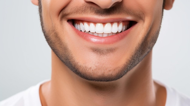 Homem bonito modelo masculino sorrindo com dentes perfeitamente limpos foto de fundo dental