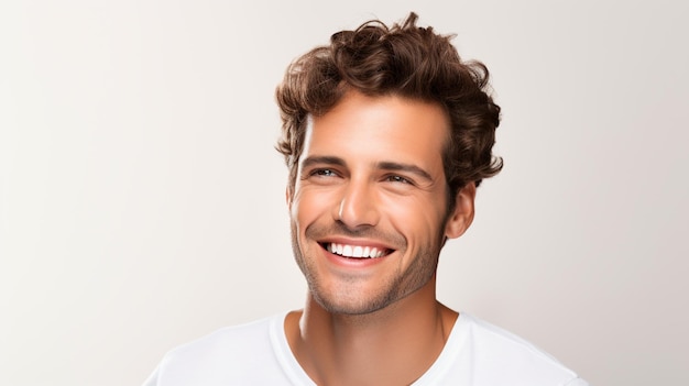 Homem bonito modelo masculino sorrindo com dentes perfeitamente limpos foto de fundo dental