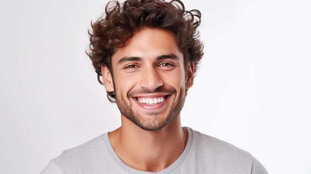 Homem bonito modelo masculino sorrindo com dentes perfeitamente limpos foto de fundo dental