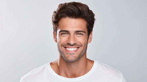 Homem bonito modelo masculino sorrindo com dentes perfeitamente limpos foto de fundo dental