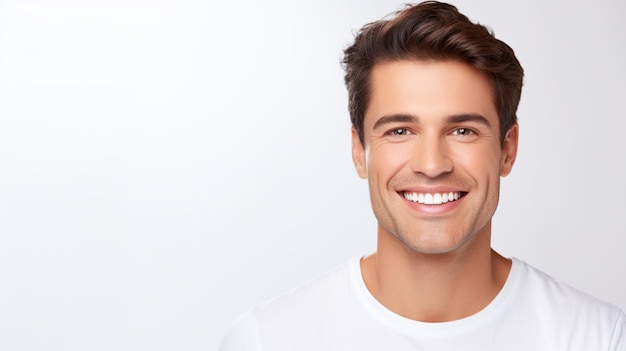 Homem bonito modelo masculino sorrindo com dentes perfeitamente limpos foto de fundo dental