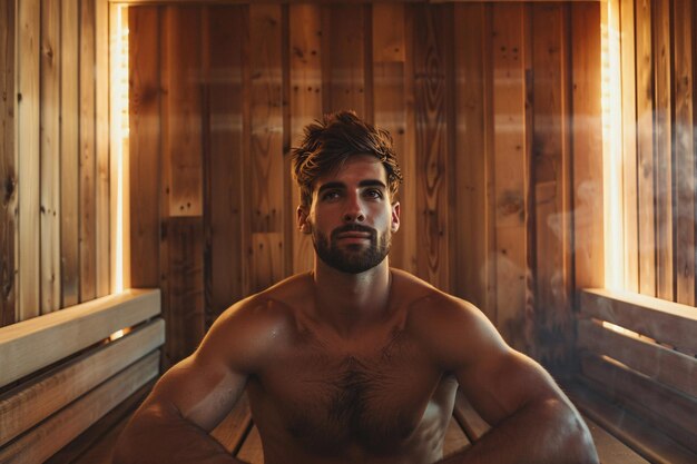 homem bonito na sauna moderna