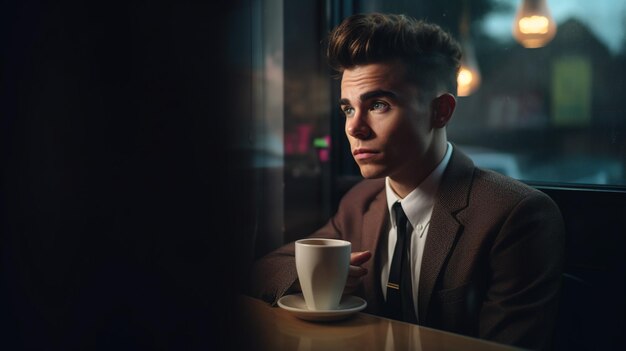 Homem bonito no café tomando café e olhando pela janela AI generativa