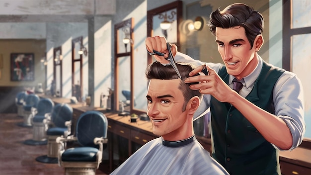 Homem bonito numa barbearia a arranjar o cabelo.