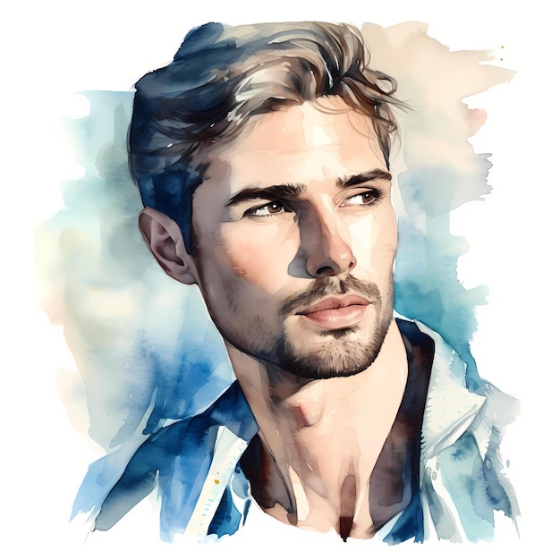 Homem Bonito Retrato Aquarela Clipart