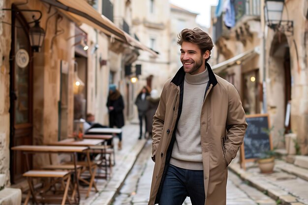 Homem bonito sorrindo enquanto caminha por uma rua estreita com roupas de moda