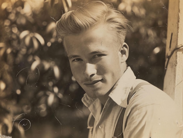 Homem branco adulto fotorrealista com cabelo loiro liso ilustração vintage