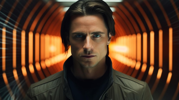 Foto homem branco adulto futurista com cabelo liso castanho ilustração fotorrealista retrato de uma pessoa em fundo de filme de sci-fi futurista ilustração horizontal gerada por ai